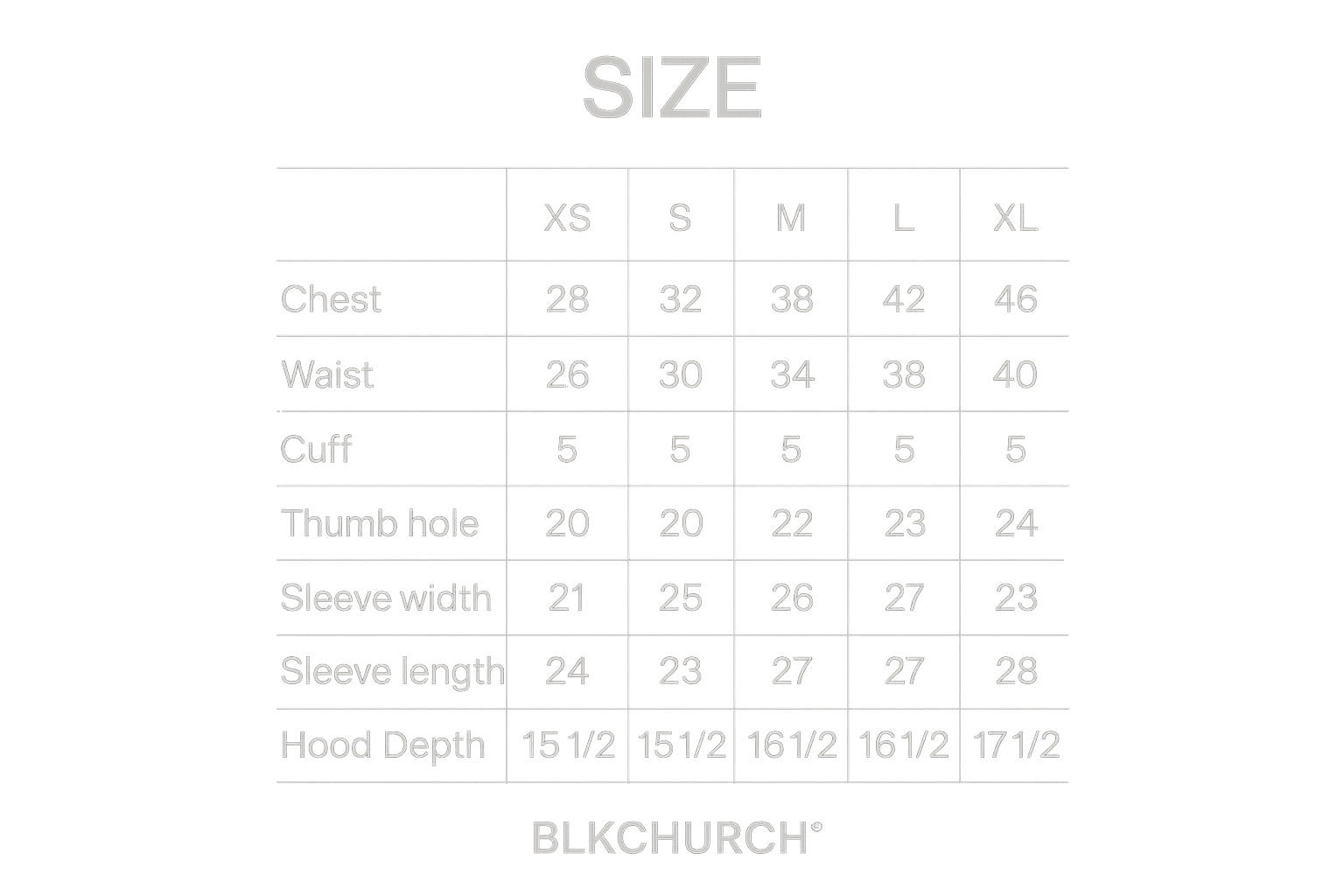 BLKCHURCH Halo size chart